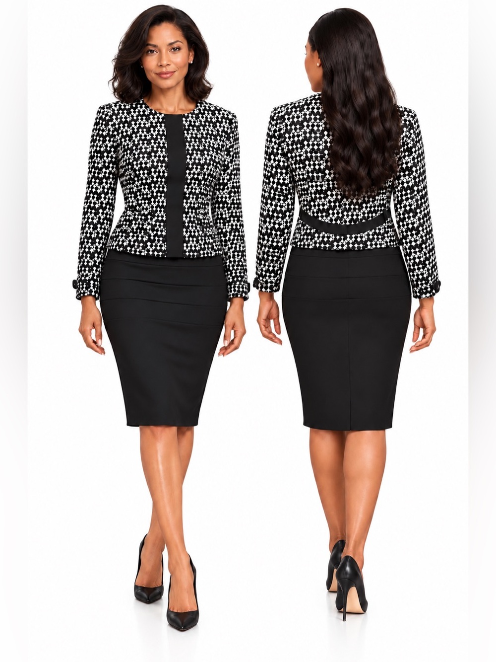 Akris Punto Black & White Geometric Jacket & Black Pencil Skirt Suit 8
